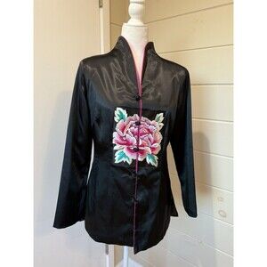 NWOT Chinese Quilted Jacket Black Satin Floral Embroidery Knot Buttons Sz XL